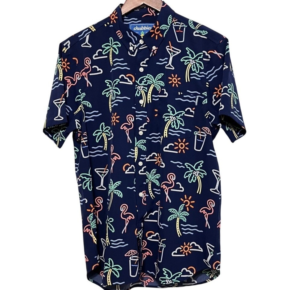Chubbies Mens Medium Neon Flamingo Palm Tree Cocktail‎ Short Sleeve Button Shirt